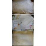 Assorted Linen and Textiles, embroidered cloths, table cloths etc (three boxes)