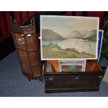 A carved corner cupboard, trunk, tin box, records and three pictures