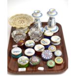 Assorted modern Crummels hinged enamel boxes and cover, Perthshire and other paperweights, pair of