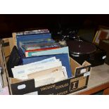 A travelling Masters Voice gramophone, first day covers, books and a cased set of six silver