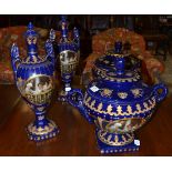 Two pairs of blue and gilt decorated vases (of recent date)