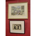 Angus Rands, landscape, signed, watercolour together with a print of interior scene after Fred