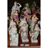 Eight assorted 19th century pearlware figures, each on a square base with red striping and another