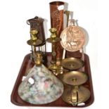 A tray including a minor's lamp, trench art, brass candlesticks, a glass shade, etc