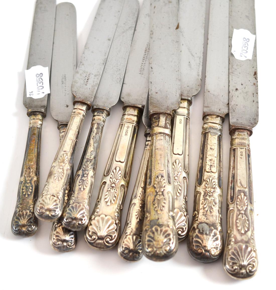 A collection of steel bladed and silver handled Kings pattern knives