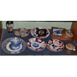 A Satsuma vase, two pot lids, four Imari plates, an Ironstone soup plate, two tiles, a Mayer