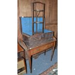 An oak side table fitted with one drawer, cake stand and a carved oak box with carved frieze