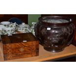 A walnut writing box and a Japanese bronze jardiniere