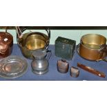 Copper kettle, 18th century and later pewter, three jam pans, etc