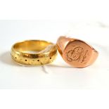 A 9ct gold band ring and a 9ct gold rose gold signet ring