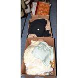 Assorted costume on rail and three boxes of assorted textiles and costume