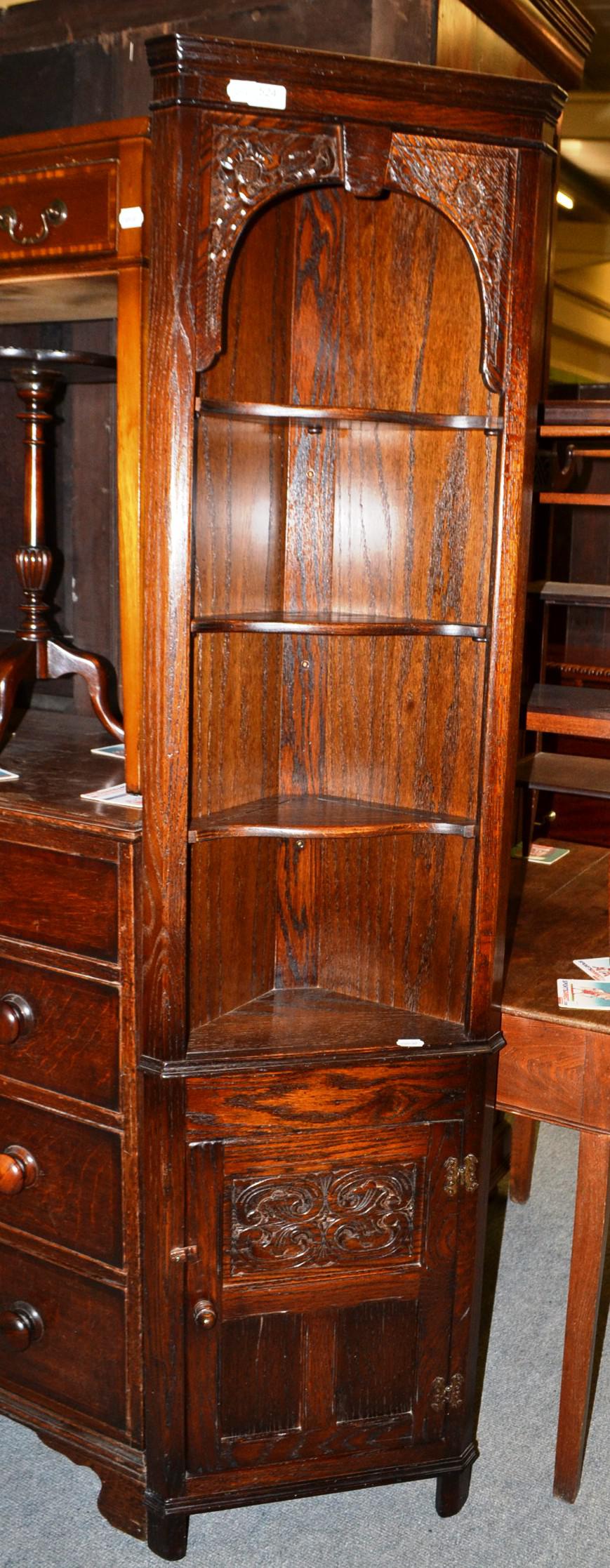 A Jaycee small reproduction oak corner cupboard, reproduction two drawer side table and two - Image 3 of 3