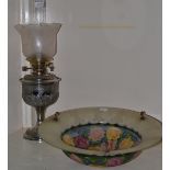 A Victorian plated oil lamp by Walker & Hall and a 1920s hand painted ceiling light shade