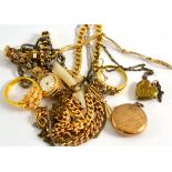 A 9ct gold lady's wristwatch, assorted 9ct gold chains, etc (some a.f.)