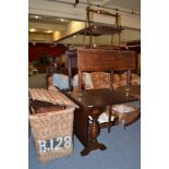 A large wicker basket, barley twist occasional table, Victorian mahogany drop leaf table and a two