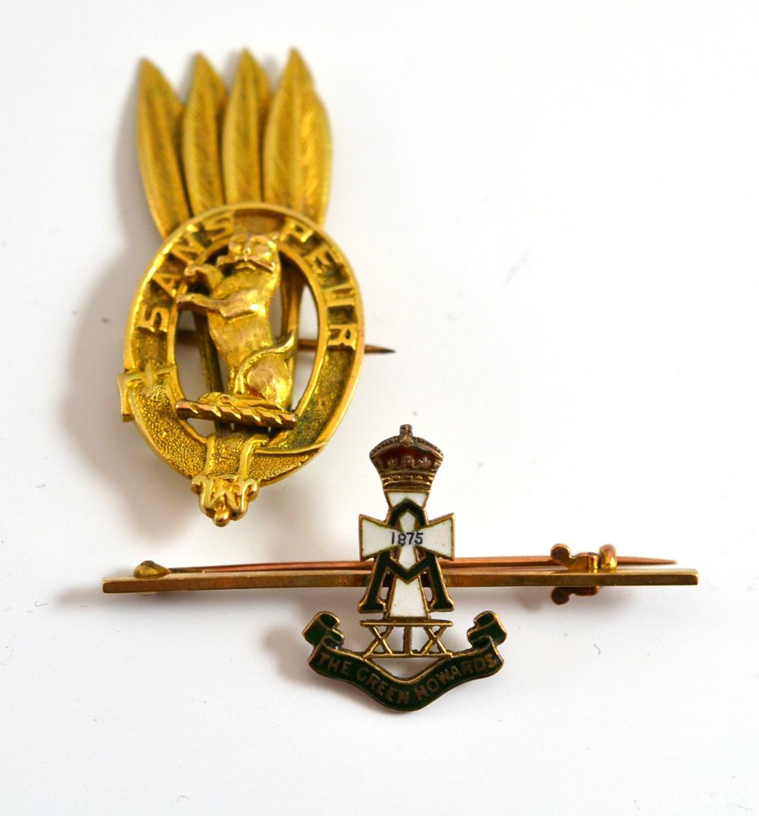 A gold and enamel brooch for the Green Howards and another 'Sans Peur', both stamped 9ct