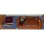 A twin handled tray, autograph book, draught board, three studs stamped 9ct, etc