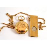 A 9ct gold cigar cutter attached to a 9ct gold albertina chain, also a gold filled sovereign case