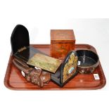 Tea caddy, book slide, nut cracker and coaster