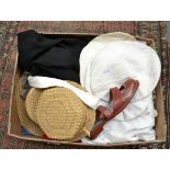 Assorted costume and accessories including two silk jockeys jackets and hat silks; muslin panel,
