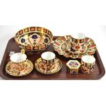 Royal Crown Derby Imari decorated china including a bowl, scallop edged plate, hexagonal small box