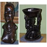 African carved wood bust of a woman and another carved wood figural pedestal bowl