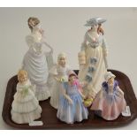 Four Royal Doulton china figures and two Coalport china figures