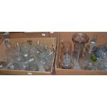 A quantity of glass and cut glass including wine glasses, decanters, tumblers etc (in four boxes)