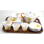 Shelley tea set, pattern W12229, comprising teapot, milk jug and sugar bowl, cake plate, two cups,