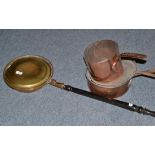 A 19th century copper pan, a copper pan and cover and a warming pan