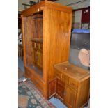 Chinese hardwood wardrobe fitted with hanging space and lacking doors and a pair of Chinese side