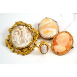 Three cameo brooches and a cameo ring