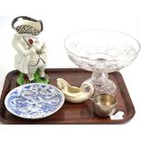 Pearlware ''Snuff Taker'' character jug, Chinese dragon dish (a.f.), a glass comport and a white