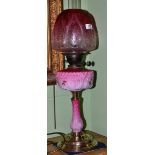 Pink glass Victorian oil lamp and shade