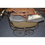 Scott's dolls pram, brass dolls bed and folding chair (3)