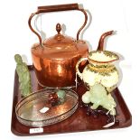 A Chinese green hardstone lion and stand, egg on stand, plastic figure, copper kettle, Doulton