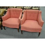 A pair of pink upholstered armchairs, circa 1900, on square tapering legs