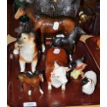 Three Beswick horses, Beswick bull, bird, and ram and a Melba ware dog (7)