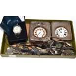 Two nickel cased travelling watches in fitted silver mounted cases and a quantity of wristwatches