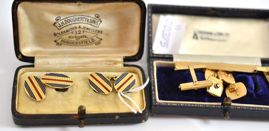 Two pairs of cufflinks, 9ct gold and stamped '750', another pair of cufflinks and a tie clip