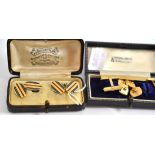 Two pairs of cufflinks, 9ct gold and stamped '750', another pair of cufflinks and a tie clip