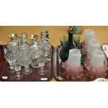 Green decanter, set of shades, glasses, etc (on two trays)