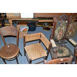 A Victorian armchair with needlework seat, rush seated corner chair, bentwood chair and a stool with