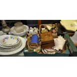 A quantity of Victorian and later ceramics, metalwares, brass candlesticks, etc