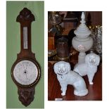 An oak cased barometer, miner's lamp, pair of poodles and an opaque glass vase and cover