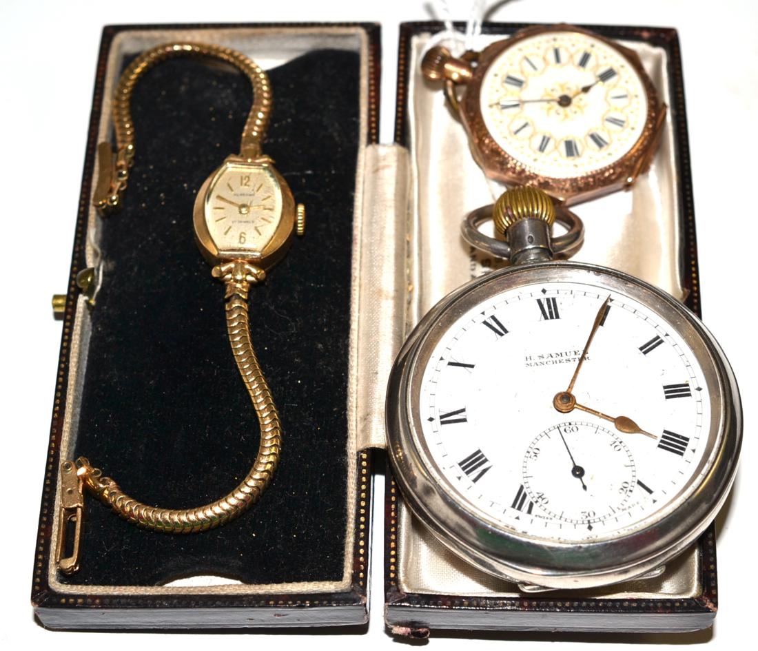 A lady's 9ct gold wristwatch, fob watch stamped '9k' and a pocket watch stamped '925'