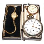 A lady's 9ct gold wristwatch, fob watch stamped '9k' and a pocket watch stamped '925'