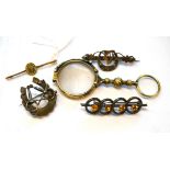 A cats-eye chrysoberyl and seed pearl brooch stamped '9CT', a pair of lorgnettes, a silver horseshoe