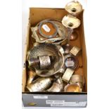 A collection of assorted silver and white metal including eight napkin rings, pair of posy vases,