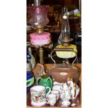 Sunderland lustre mug, two 18th century coffee cups, Spode sugar basin, copper kettle, two oil
